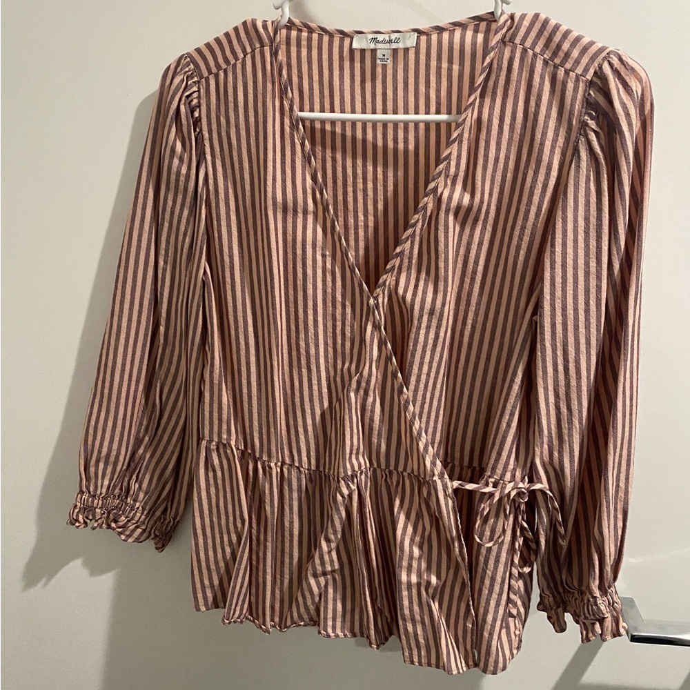 Madewell Puff-Sleeve Peplum Wrap Top in Stripe